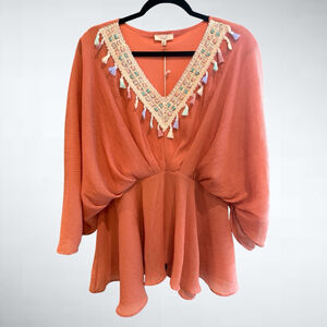 Easel Boho Dolman Sleeve Embroidered Tassel V-Neck Blouse in Cinnamon Size S